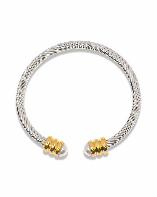PEARL TIP CABLE BRACELET - OPEN CUFF GOLD & TWO TONE DESIGN