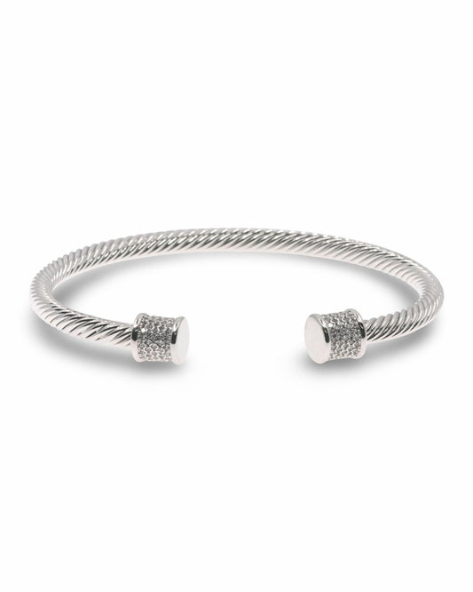 SILVER CABLE BANGLE BRACELET WITH CZ PAVE END CAPS - OPEN CUFF