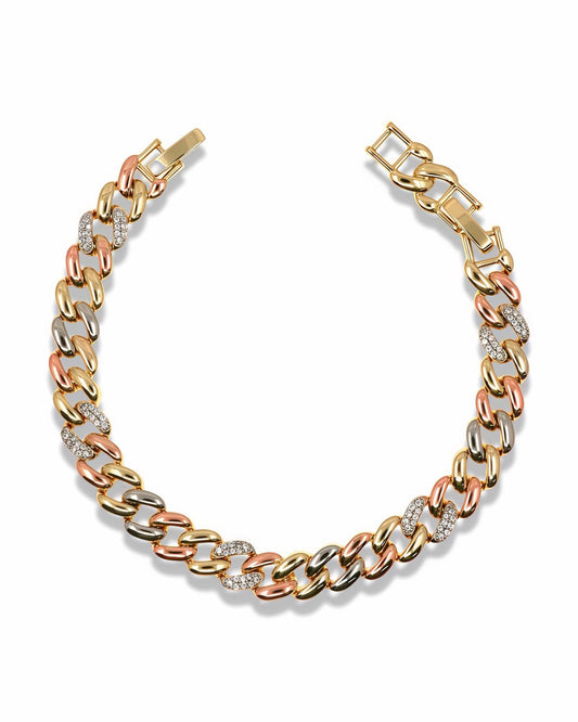 TRI-TONE LINK BRACELET WITH PAVE DETAILS- GOLD, ROSE GOLD & SILVER FINISH