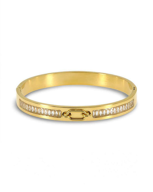 RIGID BANGLE BRACELET WITH OVAL CENTER BUCKLE DESIGN AND PAVE ZIRCONIAS