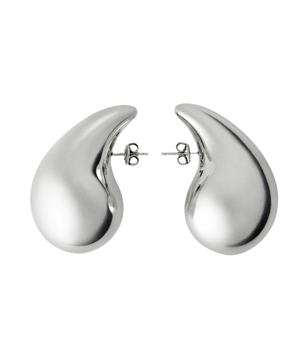 Silver teardrop-shaped GOTA earrings with smooth polished finish and stud backs.
