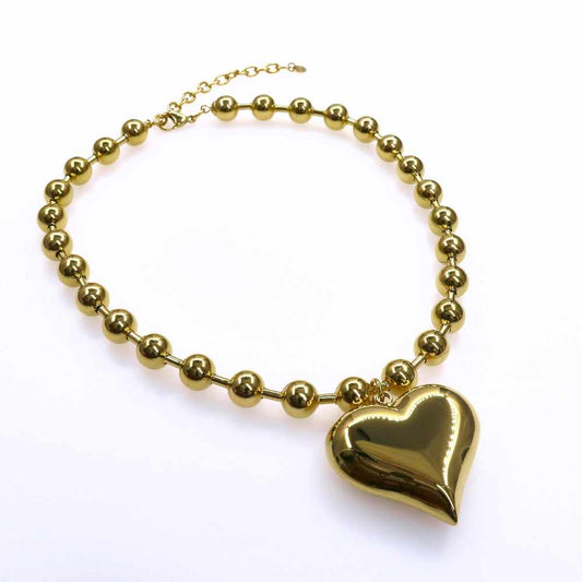 Chunky beads chain with heart and big ball design in gold.