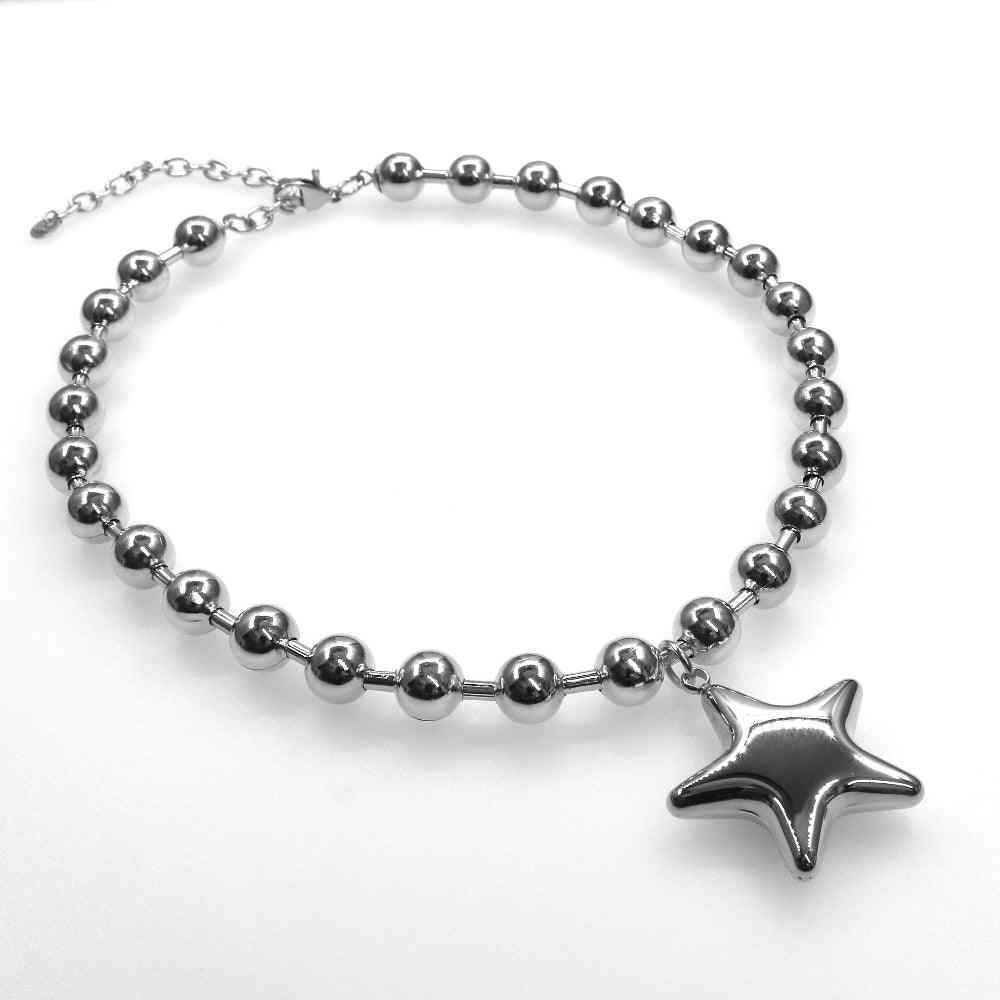 Chunky beads chain with heart, star, and big ball designs in gold and silver colors.