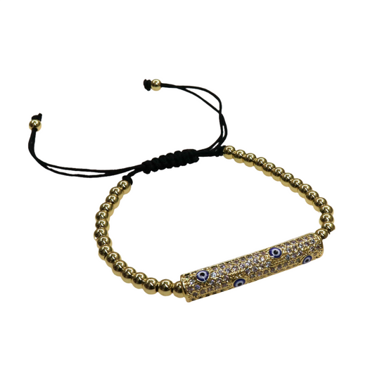 Gold and silver SHINE STIK EYE slider bracelet with sparkling evil eye charm and adjustable black cord