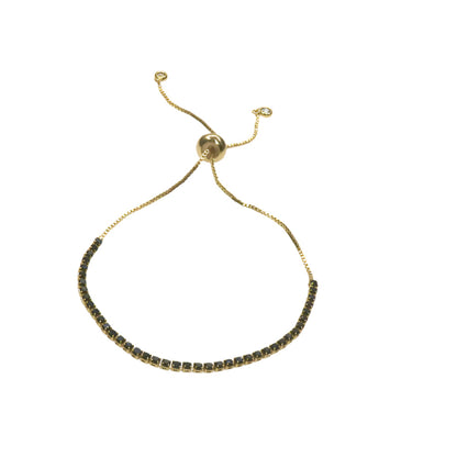 Delicate tinny tennis slider bracelet with black stones and adjustable gold chain clasp