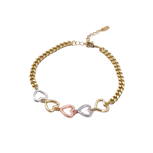 Gold-filled Corazones 3 Colores bracelet with three-tone heart links and chain band