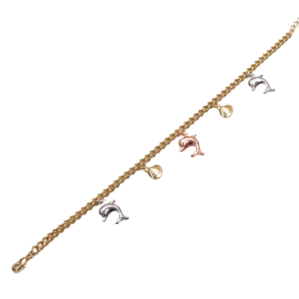 Gold bracelet with various charms on a white background