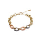 Gold, rose gold, and silver chain bracelet on a white background