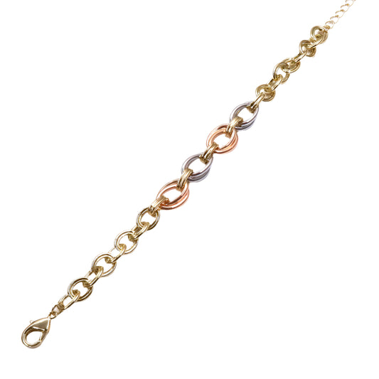 Gold, silver, and rose gold chain bracelet on a white background