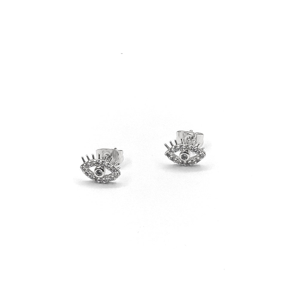 Pair of silver eye-shaped earrings on a white background