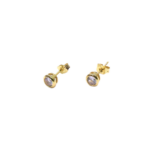 Gold stud earrings with clear gemstones on a white background