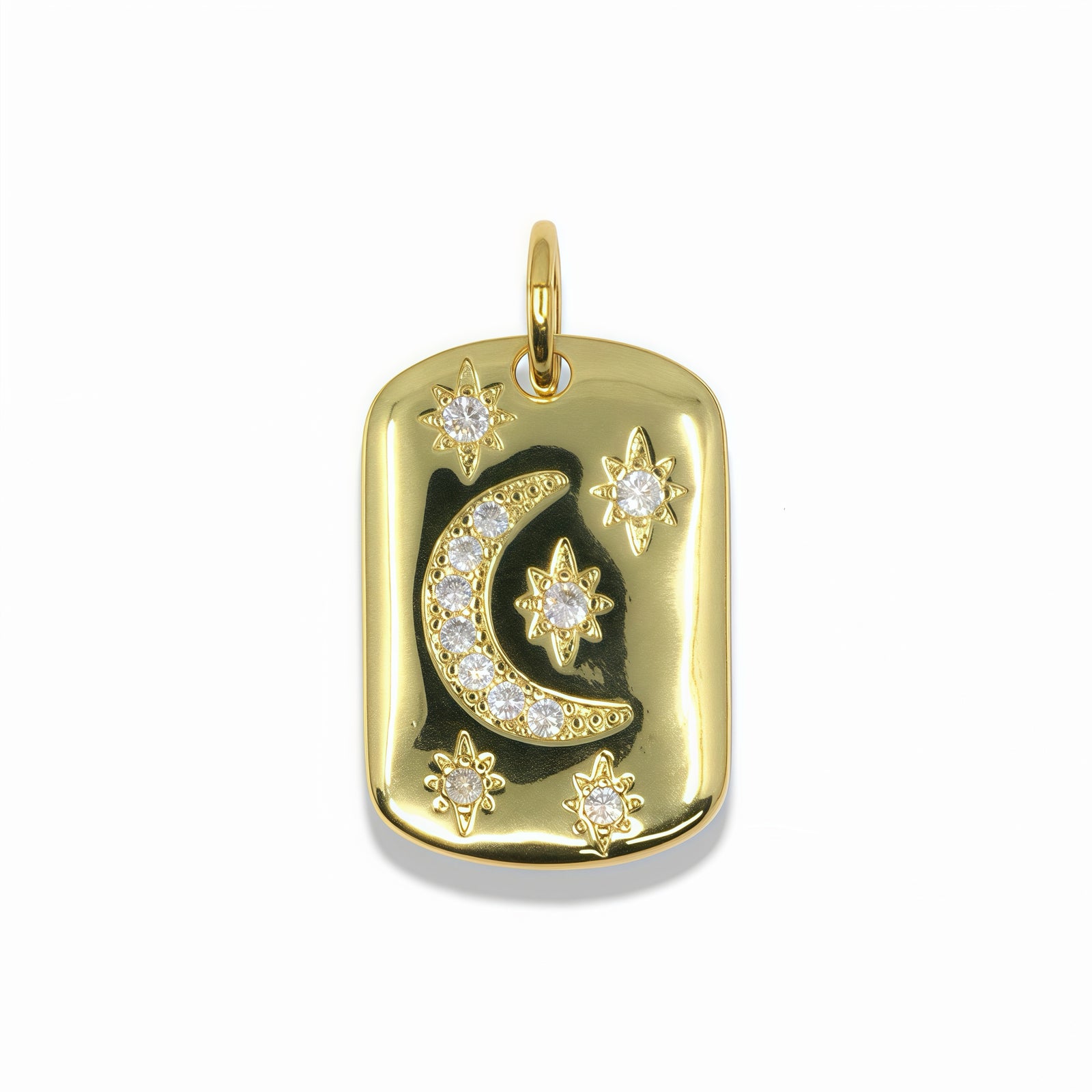 14k Gold Plated Moon And Stars Pendant With Clear Crystals