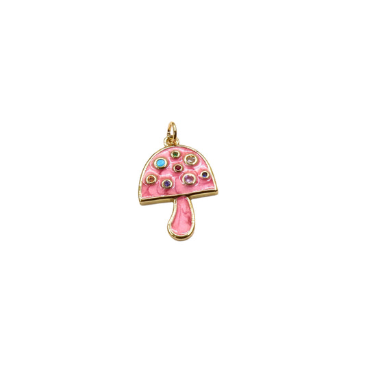 Pink Enamel Mushroom Charm with Rainbow Gems