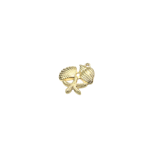 Gold necklace pendant with shell and starfish design on a light purple background