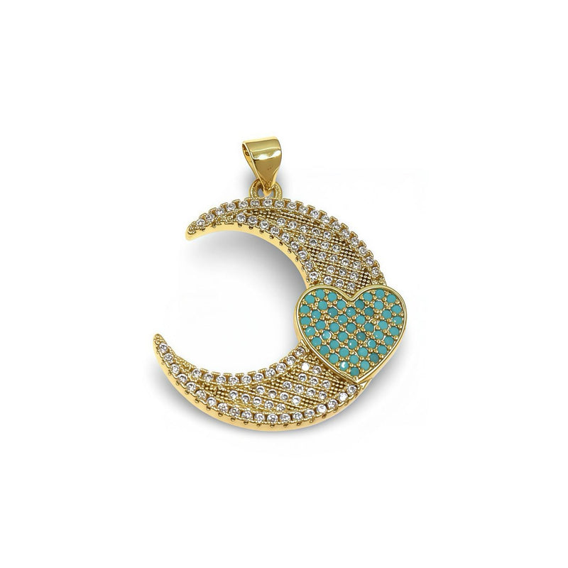 CRESCENT MOON CZ PENDANT WITH BLUE HEART