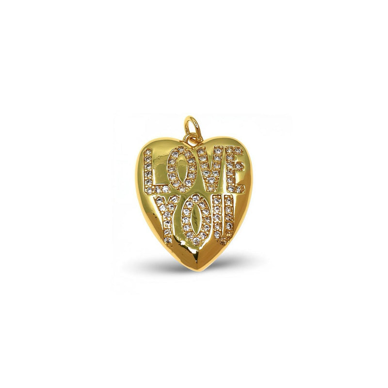 Gold heart charm with love you cubic zirconia letters