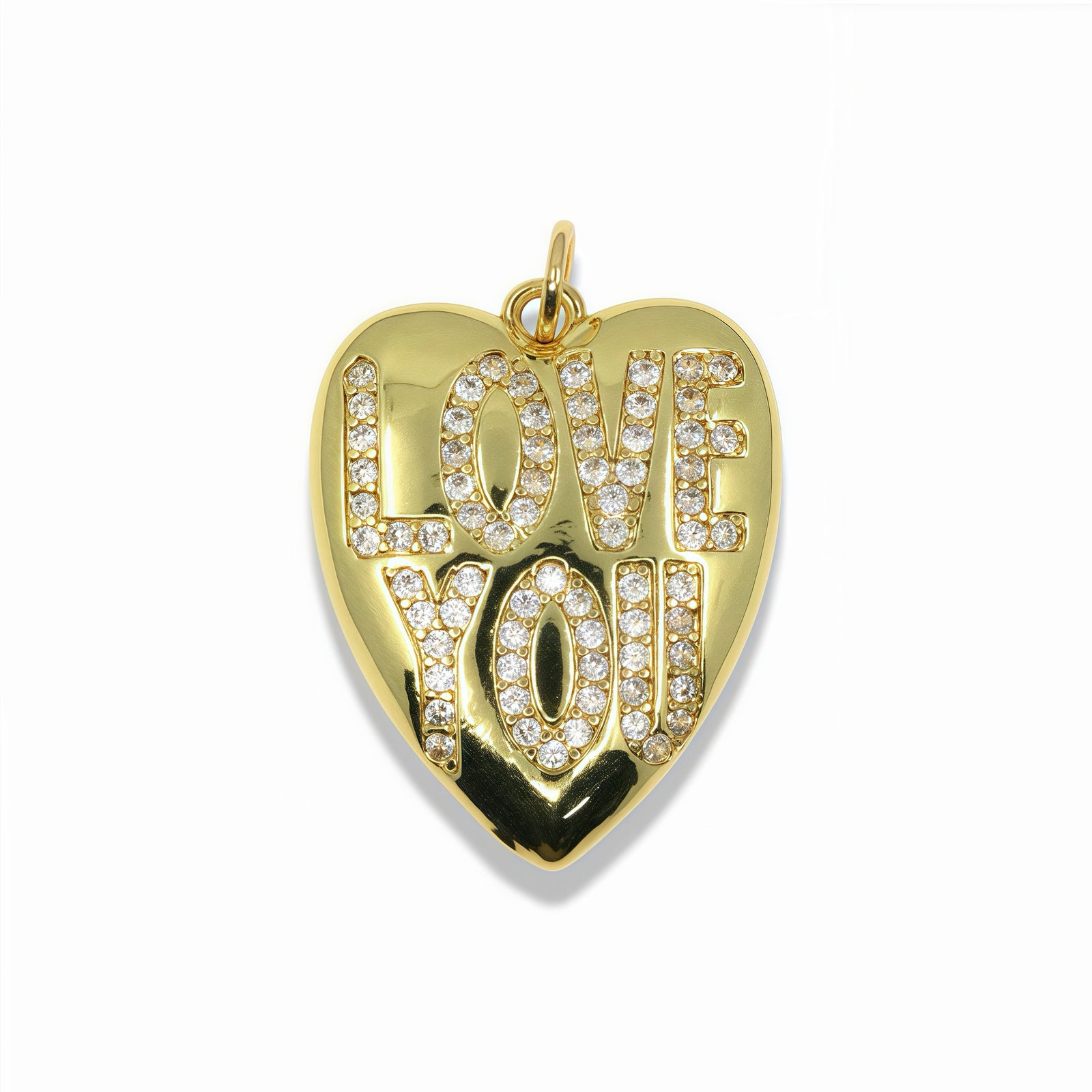 14k Gold Plated Love You Heart Pendant With Clear Crystals