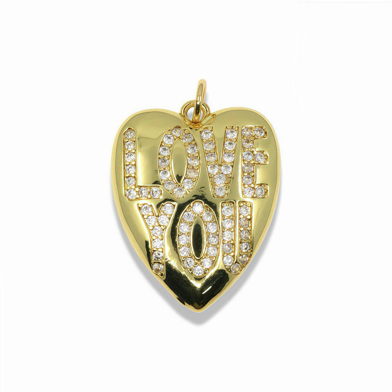 14k Gold Plated Love You Heart Pendant With Clear Crystals
