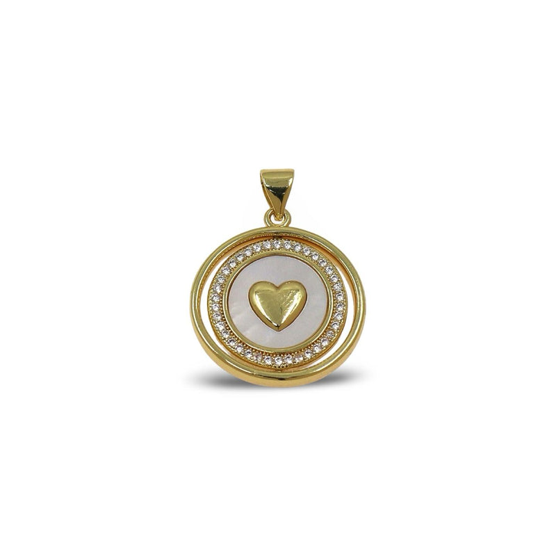 ROTATING CIRCLE PEDANT WITH CZ BORDER, GOLD HEART & MOTHER OF PEARL CENTER