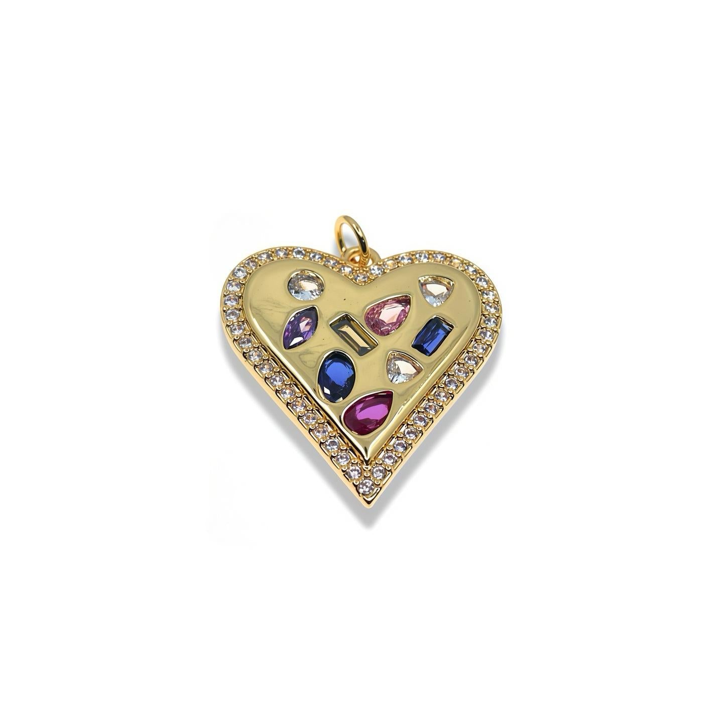 FLAT GOLD HEART PENDANT- MULTISHAPE COLOR ZIRCONIA INLAY