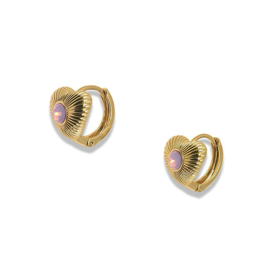 SUNRAY HEART HUGGIE EARRING- PINK ZIRCONIA DETAIL