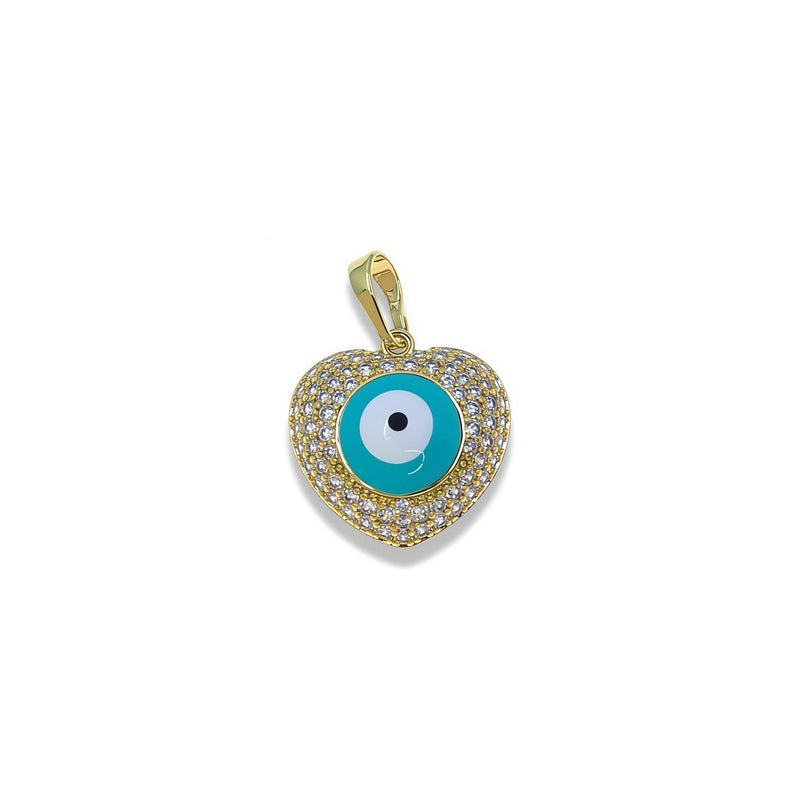Puffy heart zirconia pendant with turquoise evil eye center