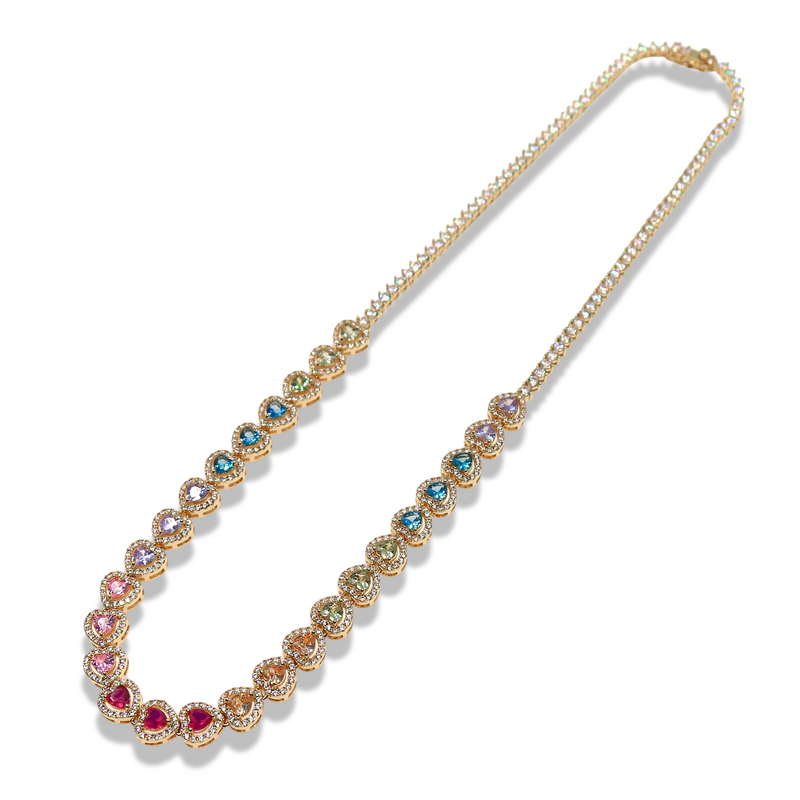 HEART ZIRCONIA TENNIS NECKLACE- MULTICOLOR HEARTS