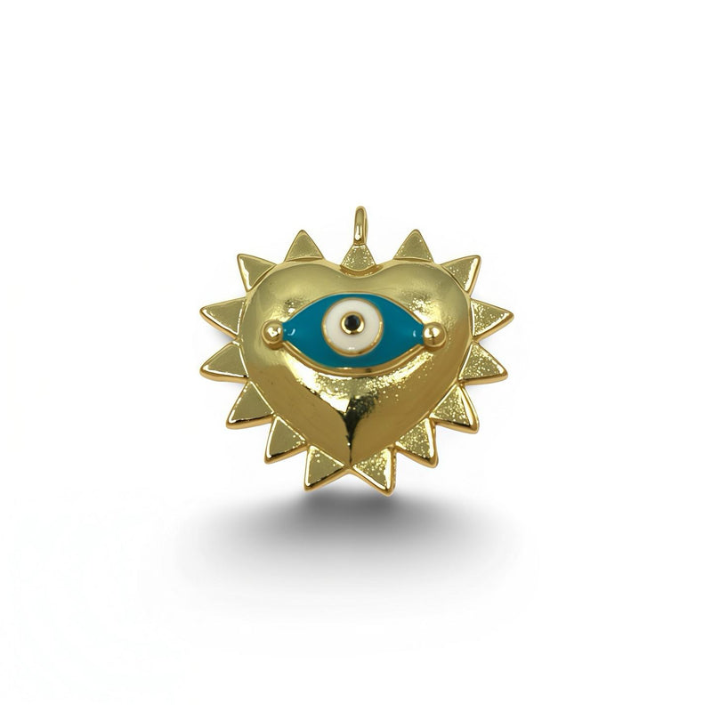 Gold spiked heart pendant with evil eye