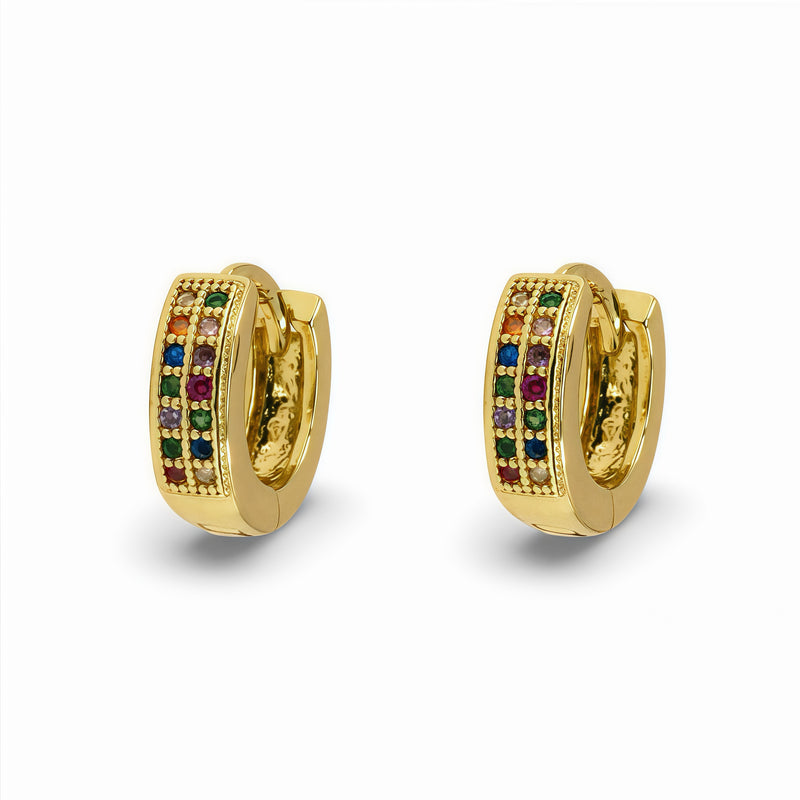 14k Gold Filled Multicolor Crystal Double Row Huggie Earrings
