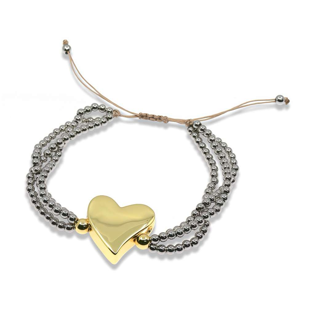 TRIPLE STRAND BEADED SLIDE BRACELET WITH SMOOTH GOLD HEART