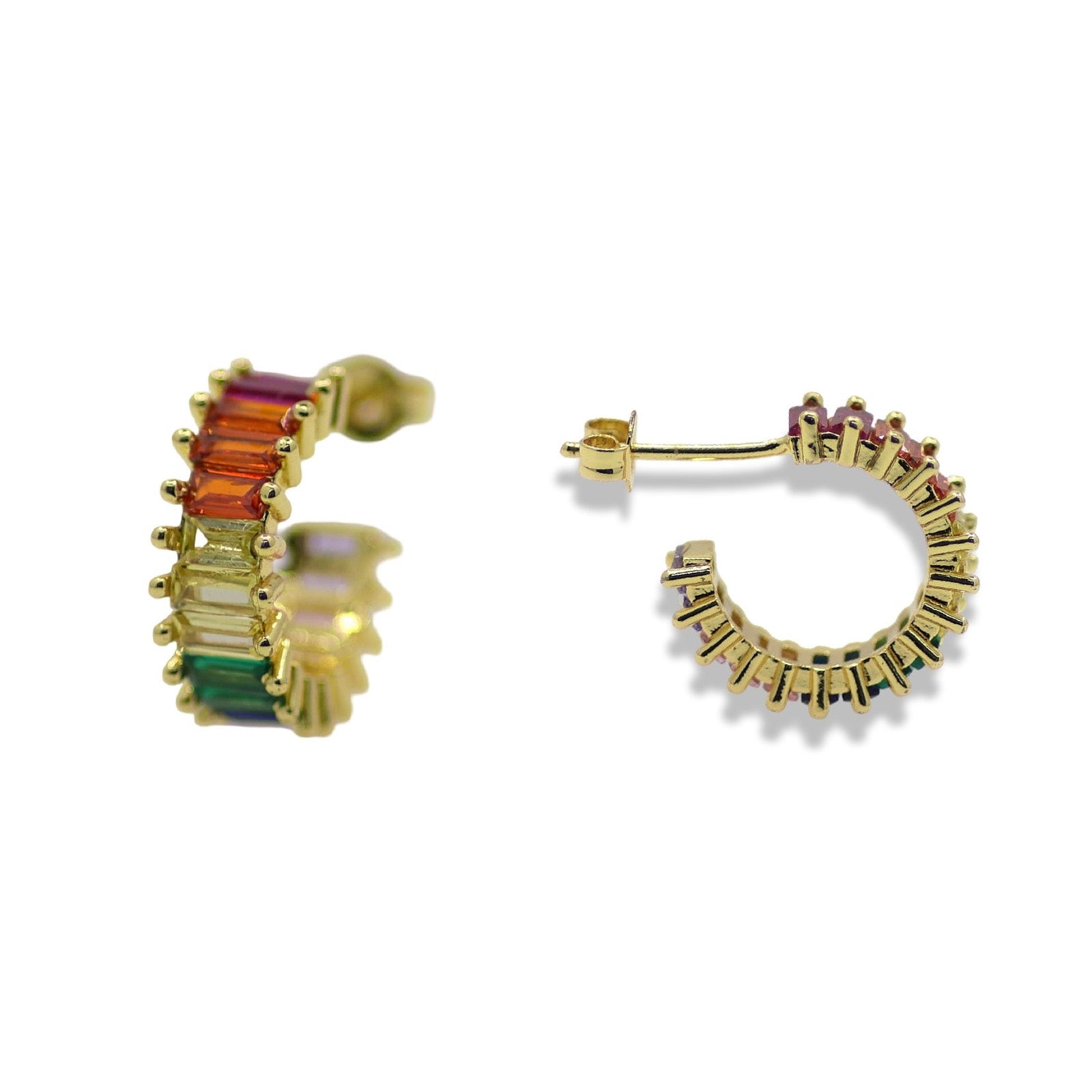14k Gold Filled Rainbow Baguette Huggie Earrings
