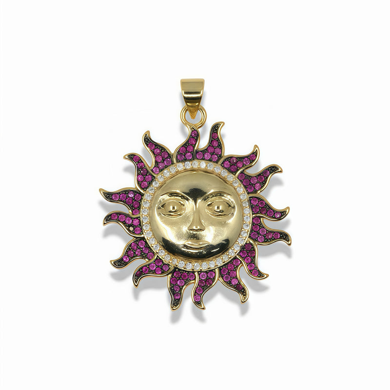 Golden Sun Face Pendant with Fuchsia Pavé Rays