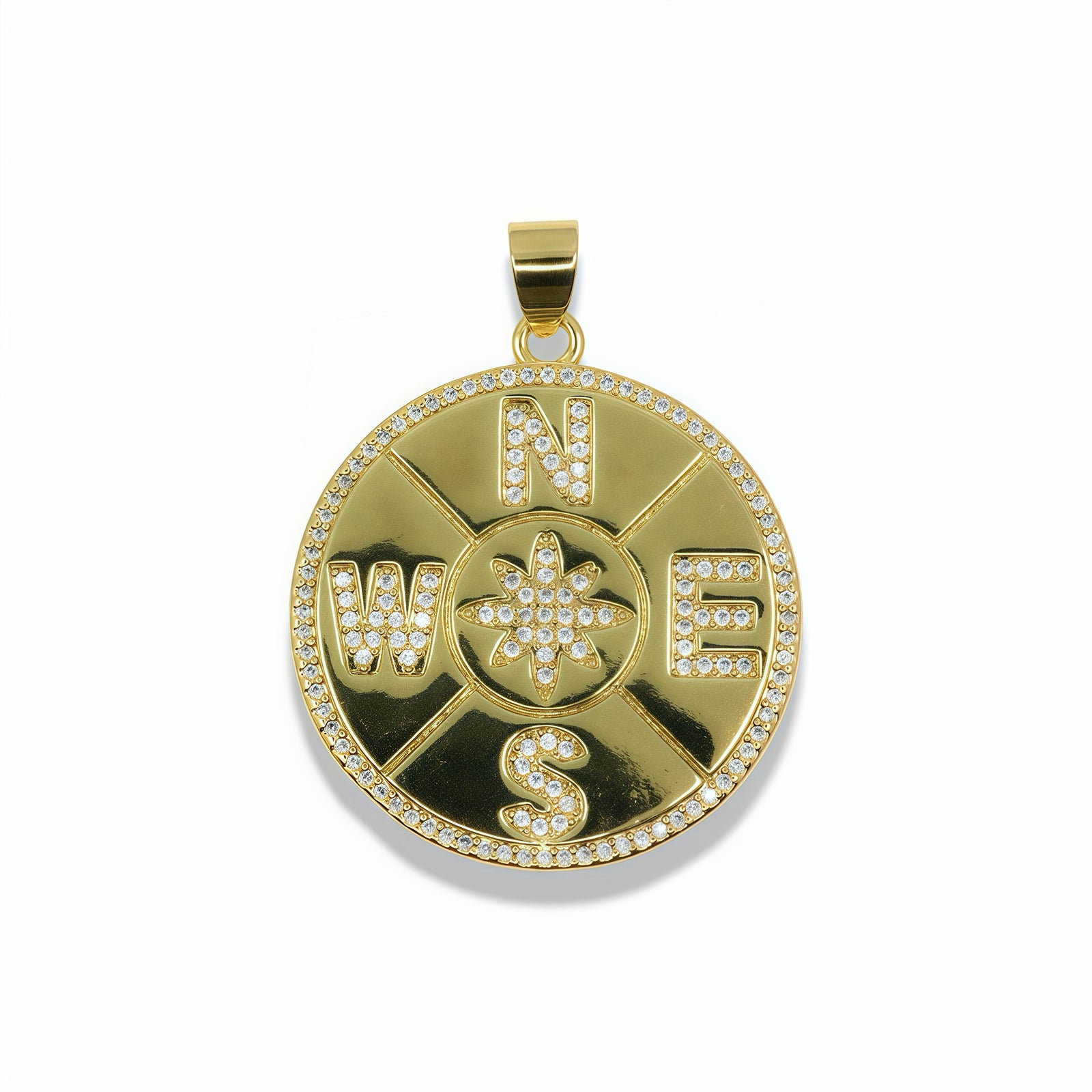 14k Gold Plated Compass Pendant With Clear Crystals