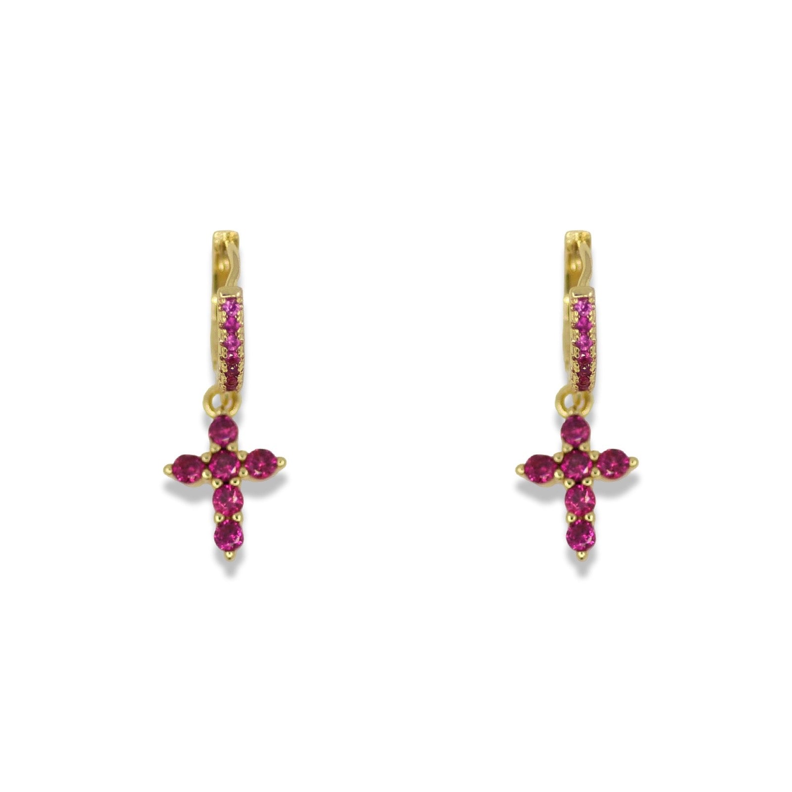 Pink Cross Charm Huggie Earrings – 14K Gold Filled