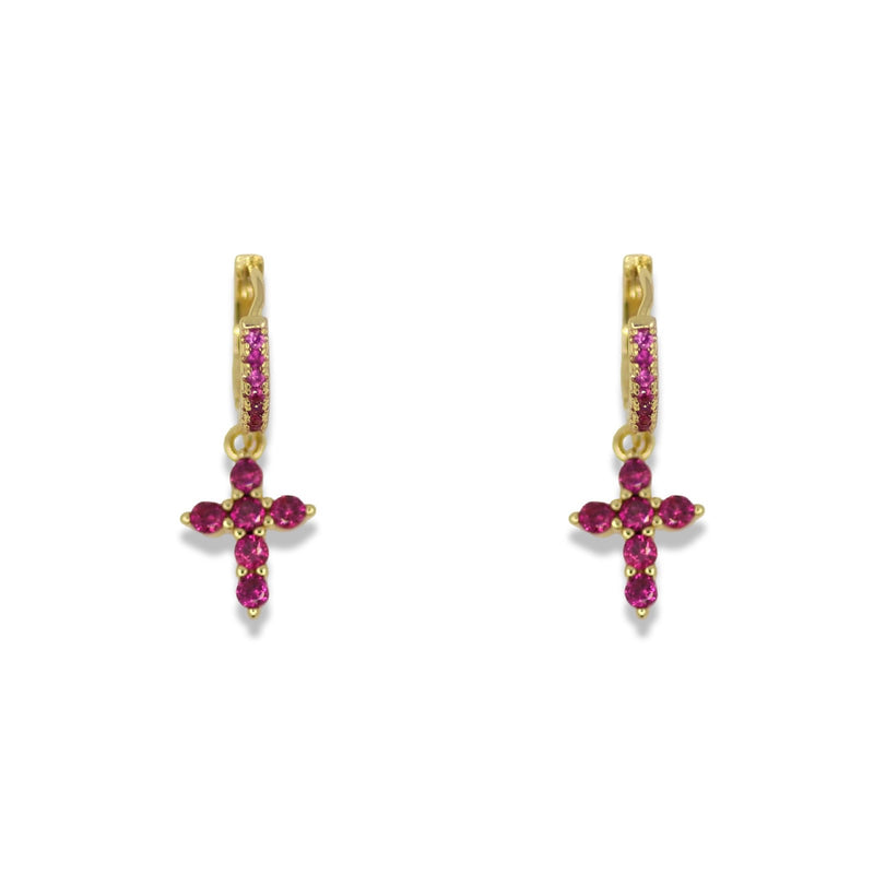 Pink Cross Charm Huggie Earrings – 14K Gold Filled