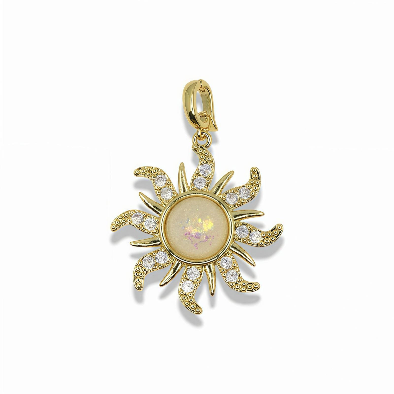 14k Gold Plated Sun Pendant With Opal Effect Center And Clear Crystals