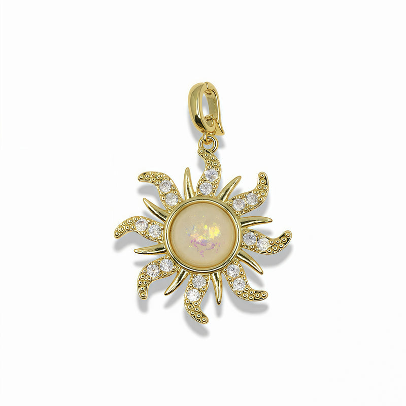 14k Gold Plated Sun Pendant With Opal Effect Center And Clear Crystals
