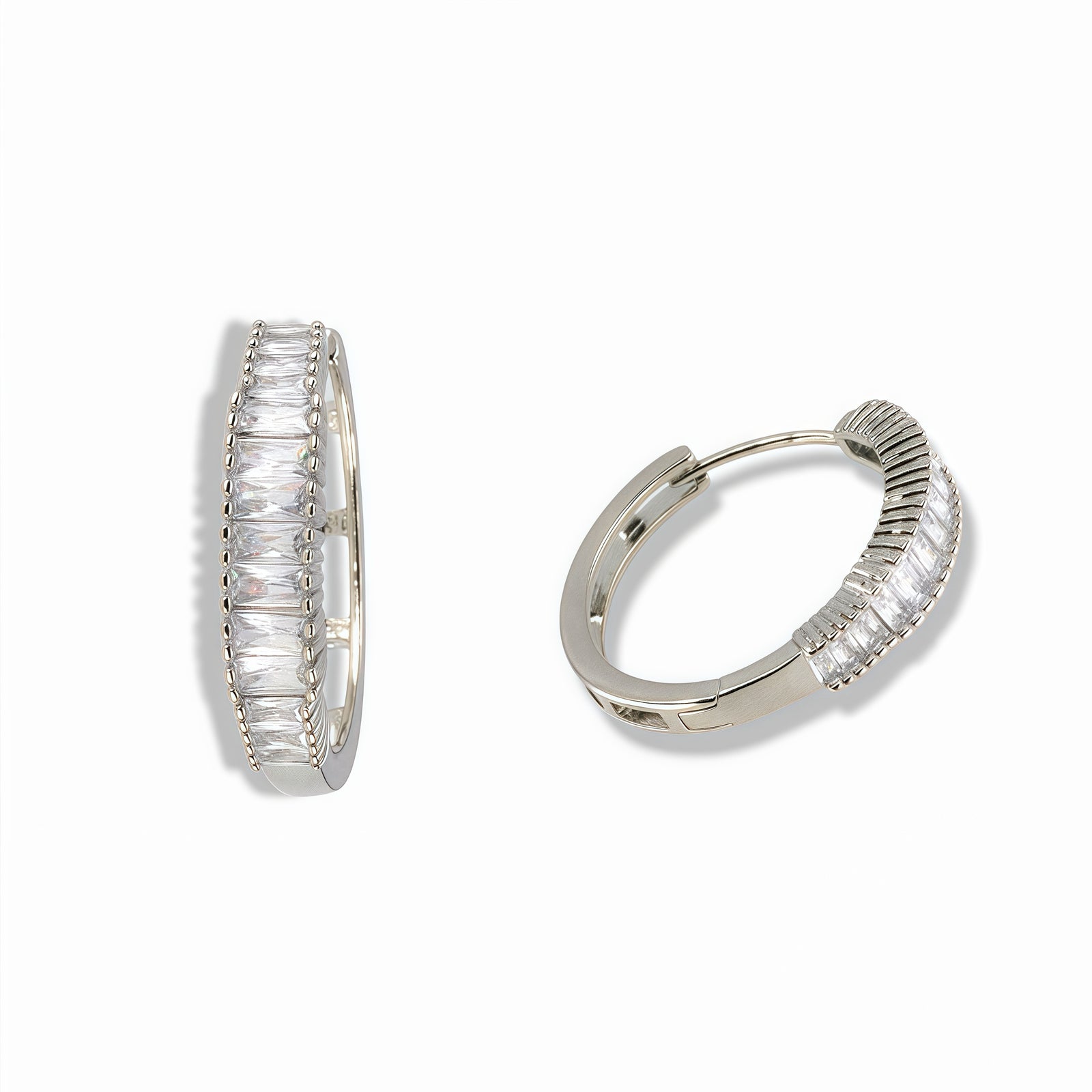 Silver Tone Clear Baguette Crystal Hoop Earrings
