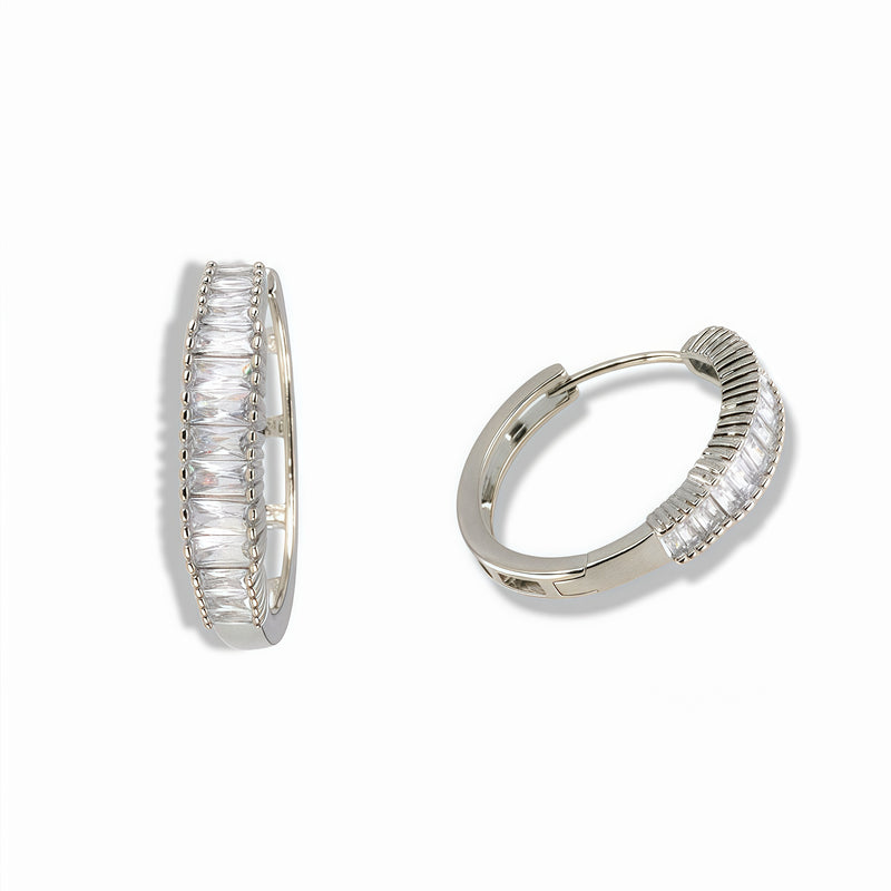 Silver Tone Clear Baguette Crystal Hoop Earrings