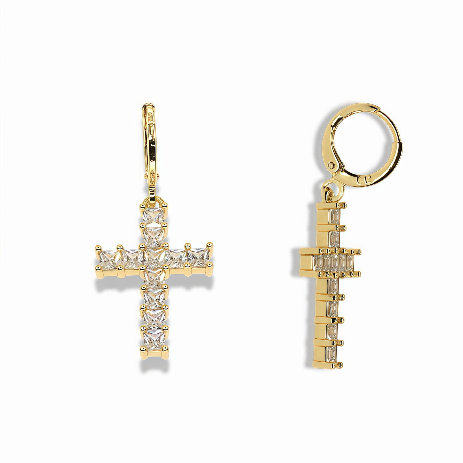 14k Gold Filled Princess Cut Crystal Cross Huggie Earrings