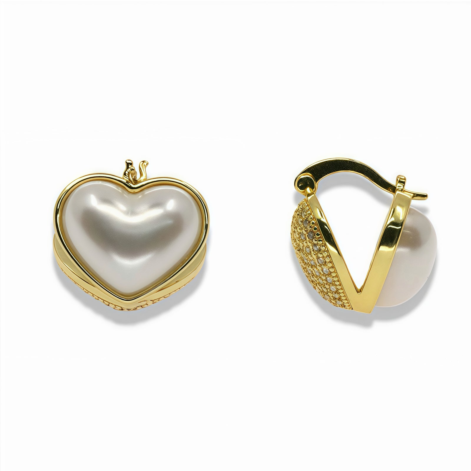 14k Gold Filled Pearl Heart Crystal Huggie Earrings