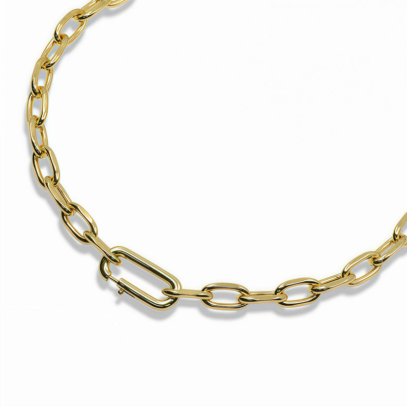Gold Plated Oval Link Charm Necklace With Front Carabiner Clasp