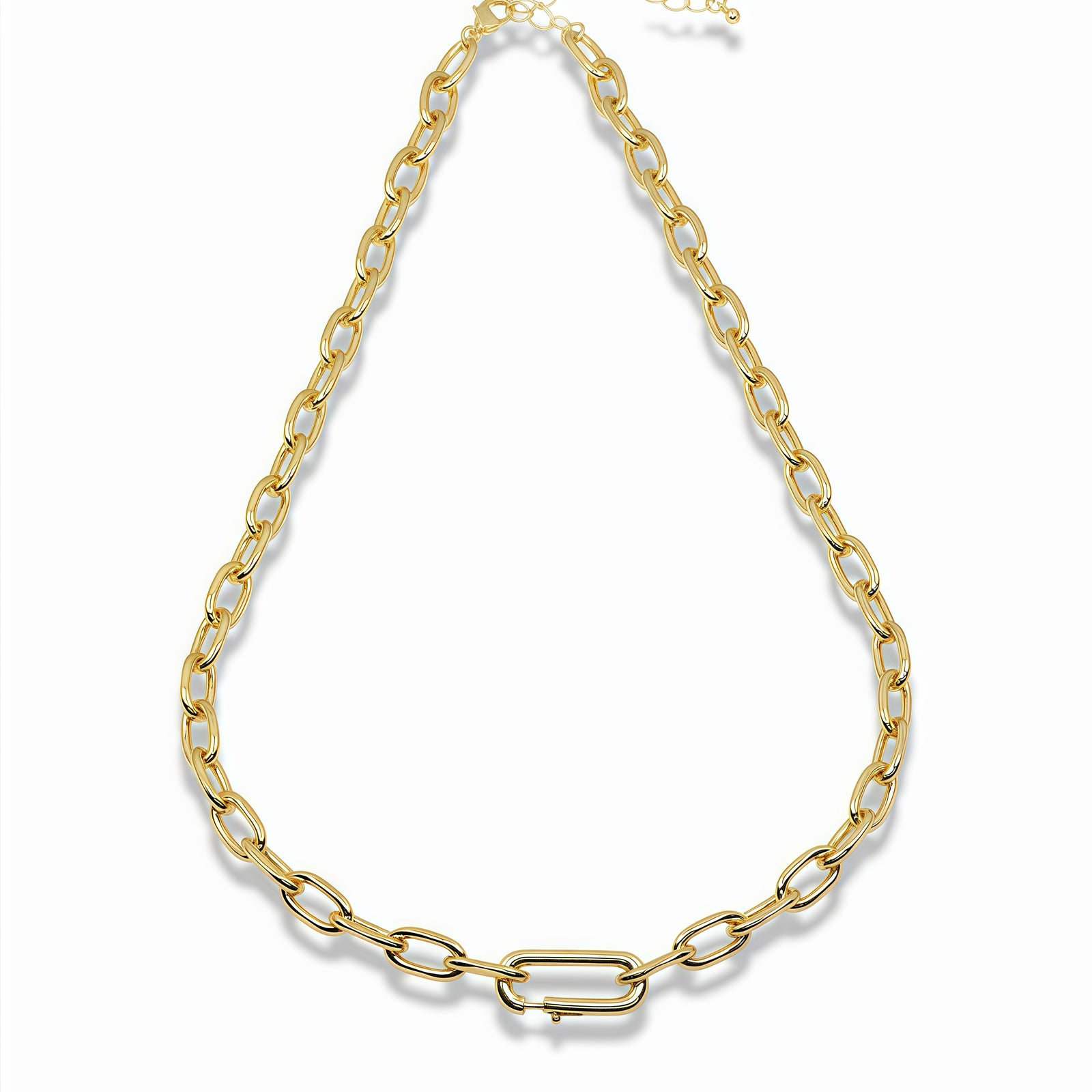 Gold Plated Oval Link Charm Necklace With Front Carabiner Clasp