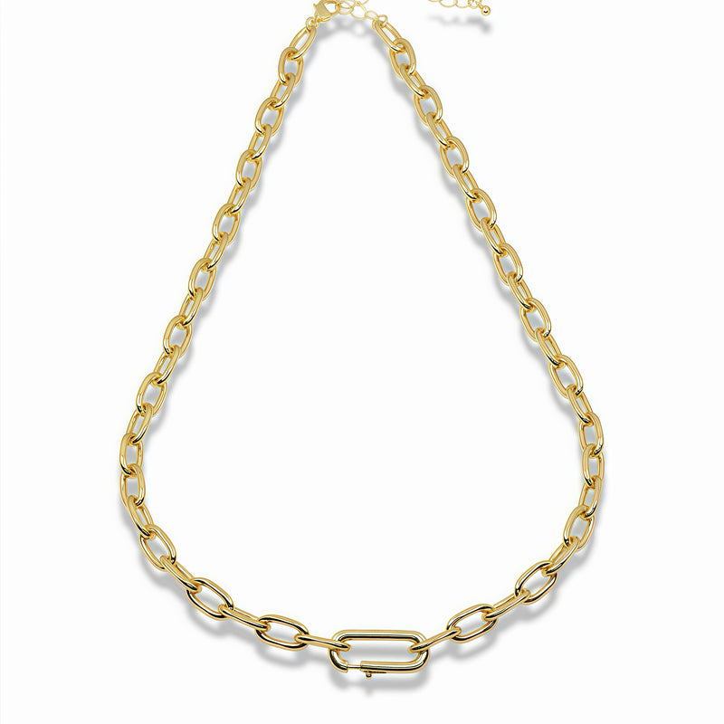 Gold Plated Oval Link Charm Necklace With Front Carabiner Clasp