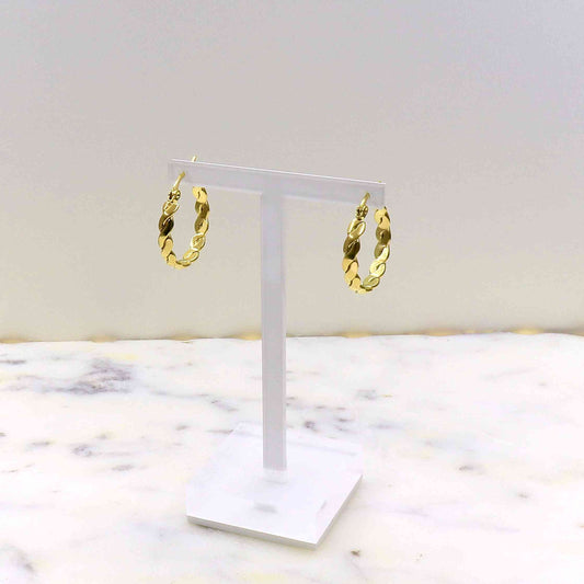 Gold rope earrings on display stand, made from high-quality stainless steel.
