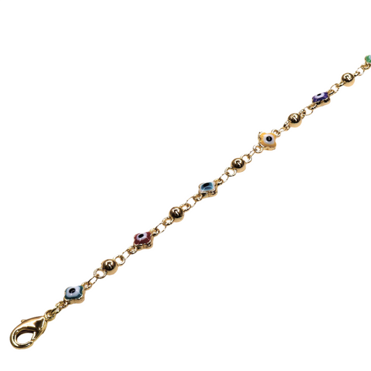 Golden bracelet with clover-shaped eye links in multi-color and white designs