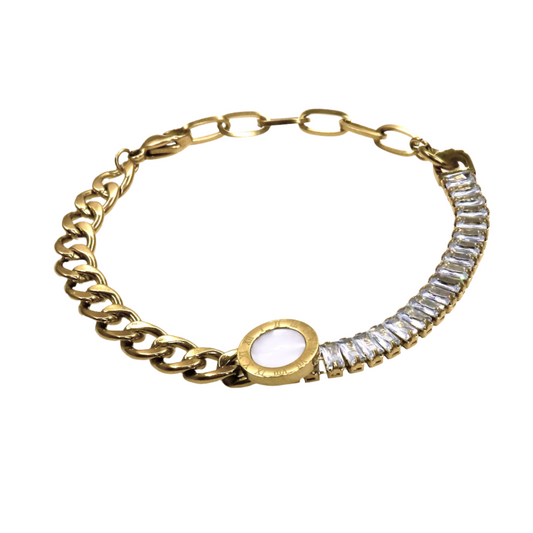 Gold mix chain bracelet with three different chain styles and clear stone accents