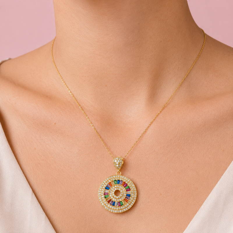 Multicolor Pavé Zirconia Circle Pendant With Crystal Hook