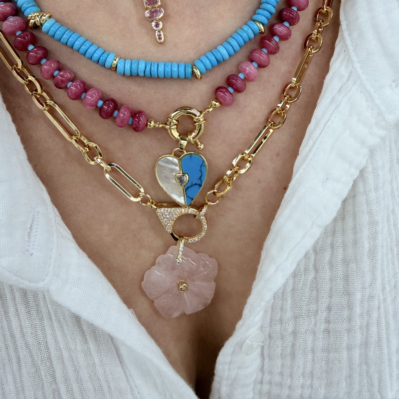 14K Gold Filled Mother of Pearl and Malachite & Turqouise Heart Pendant