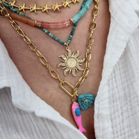 14k Gold Plated Sun Pendant With Opal Effect Center And Clear Crystals